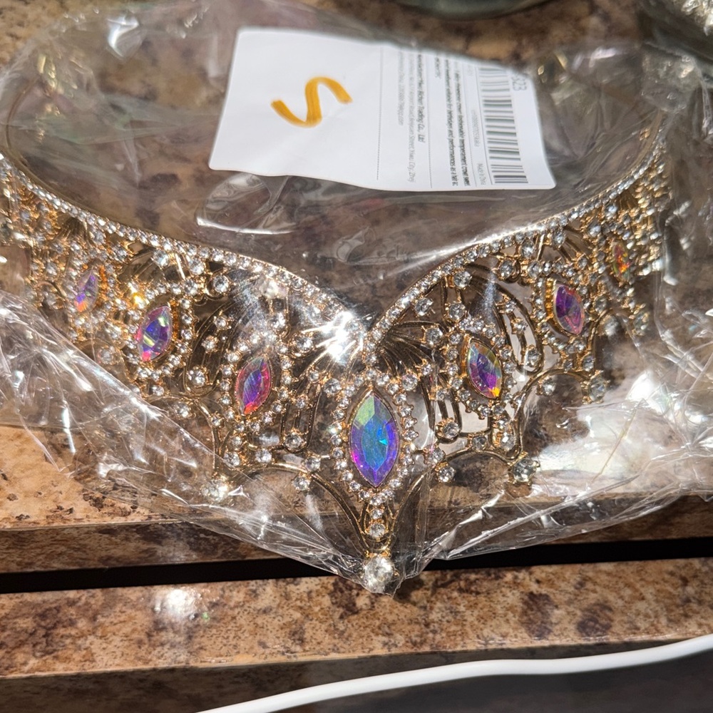Gold-tone Crystal Tiara with Iridescent Teardrop Stones